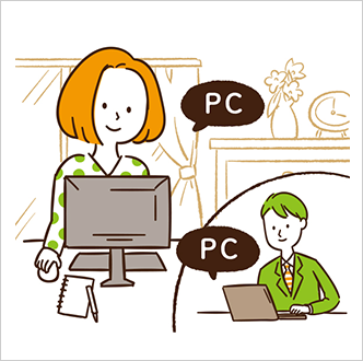 自宅PC（お客様）×PC(不動産屋店舗）のイラスト